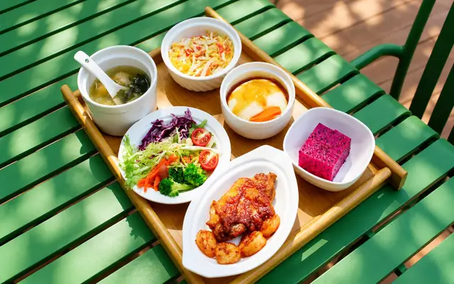Chicken cutlet with shrimp, salad, mashed potato, egg, soup and dragon fruit
