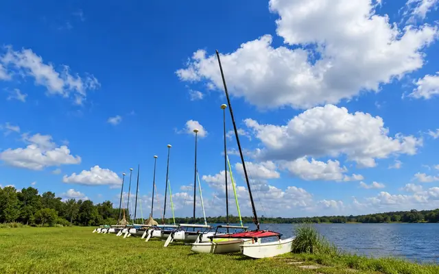 Small sailboats on a grassy lakeshore under a blue sky