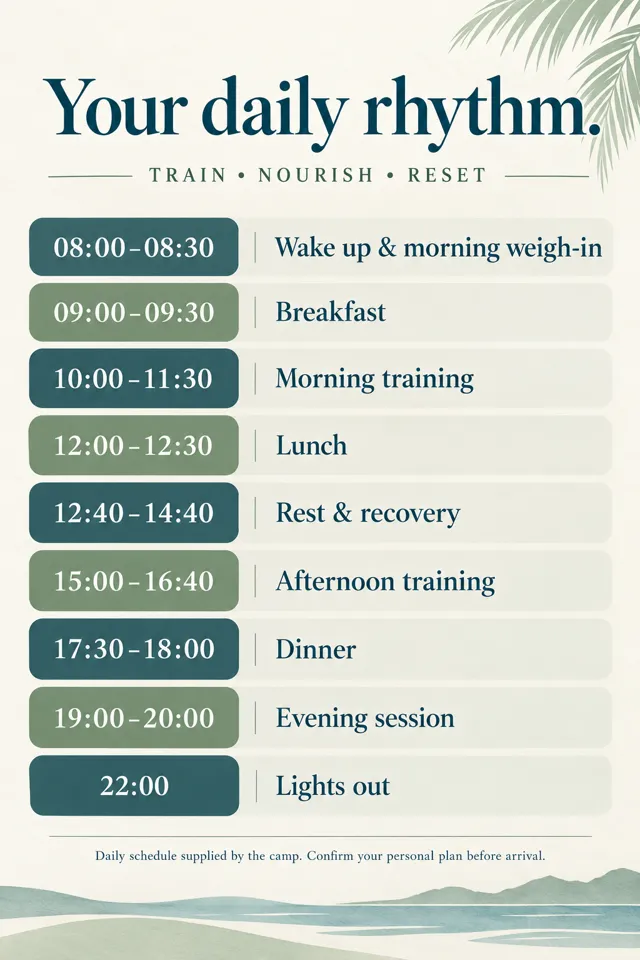 Poster of the China fat camp daily routine from 08:00 to 22:00