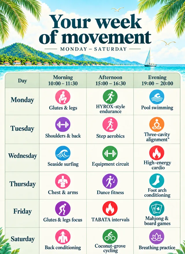 Poster of the China fat camp weekly class timetable, Monday to Saturday