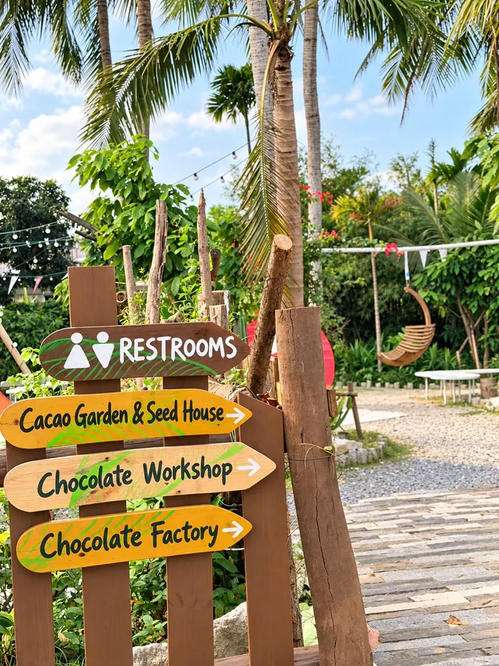 Wooden signposts in Chocolate Town pointing to the cacao garden and workshop