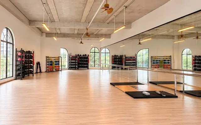 Studio with wooden floor, mirrors and arched windows