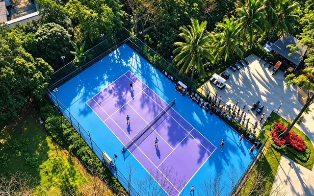 Tennis court among palm trees